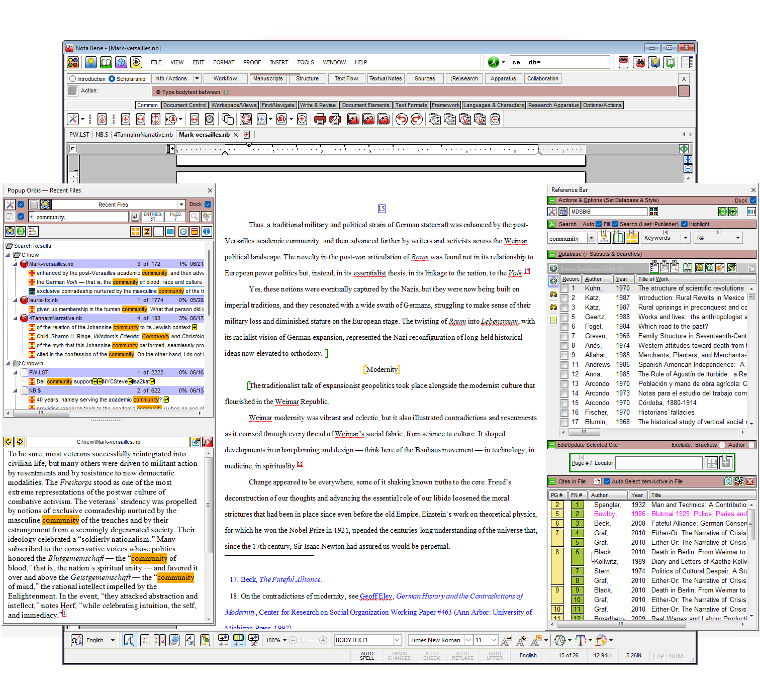 The Nota Bene Opus document processor with popup Orbis "idea-generator" and popup Ibidem reference manager for single-click searching and citation