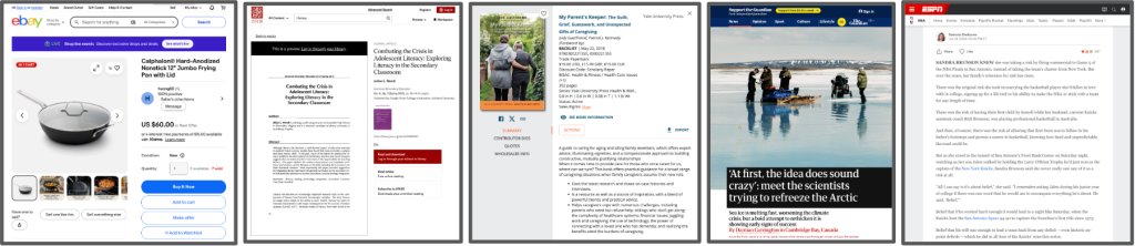 Screenshot showing different websites that Radius can capture (eBay, JSTOR, Edelweiss, The Guardian, ESPN)